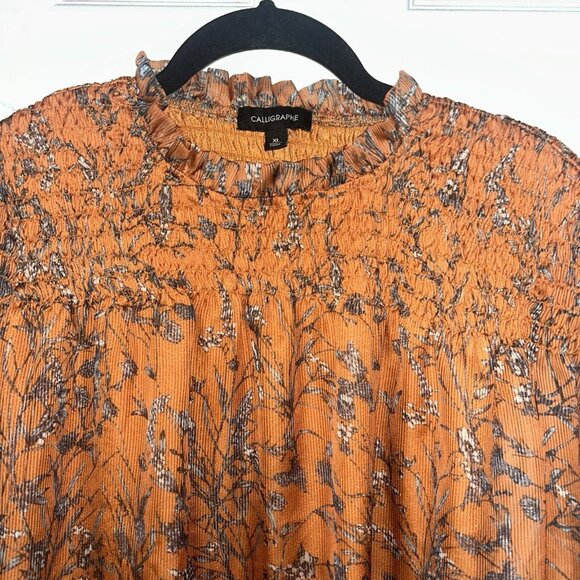 Calligraphie Orange Floral Boho Peasant Long Sleeve Smocked Blouse Size XL - Picture 3 of 10